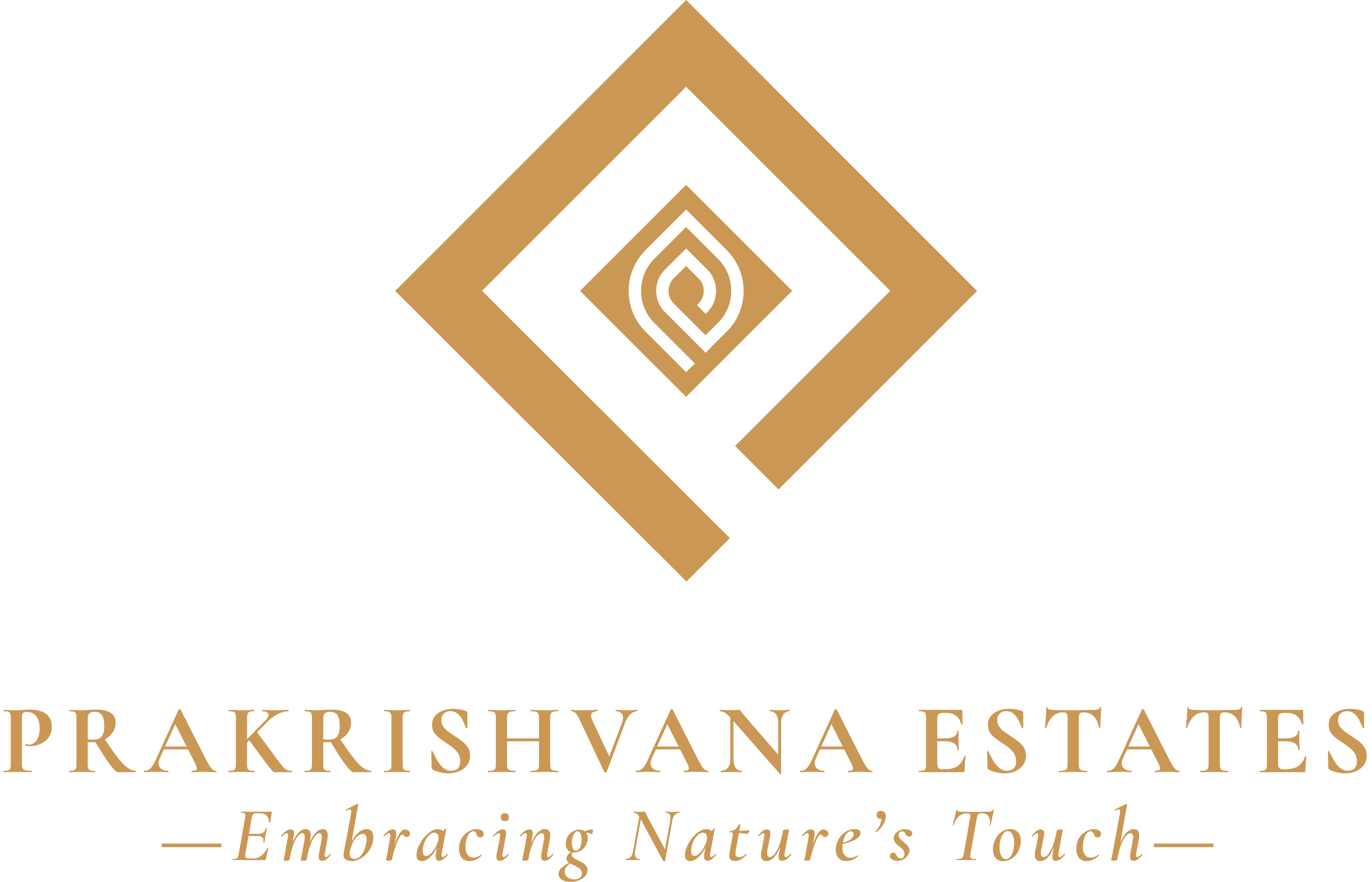 Gold geometric emblem of Prakrishvana Estates symbolizing balance between land, nature, and refined
community living. Prakrishvana Estates logo with a gold geometric symbol inspired by land forms and nature, representing harmony, thoughtful design, and nature-integrated living.